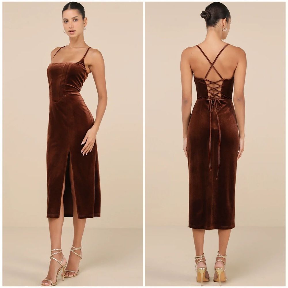Lulus Gorgeous Composure Brown Velvet Lace-Up Sleeveless Midi Dress Large NEW